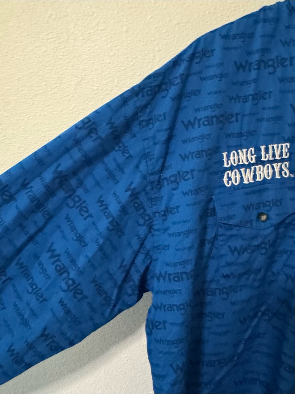 Wrangler Long Live Cowboys Embroidered Long Sleeve Button Down Shirt Blue-XLT - Picture 6 of 10